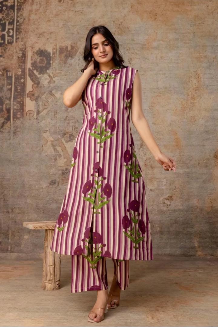 LA ROSE HAND BLOCK COTTON A-LINE SLEEVE LESS KUTA PANT SET