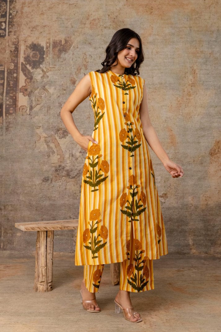 LA ROSE HAND BLOCK COTTON A-LINE SLEEVE LESS KUTA PANT SET