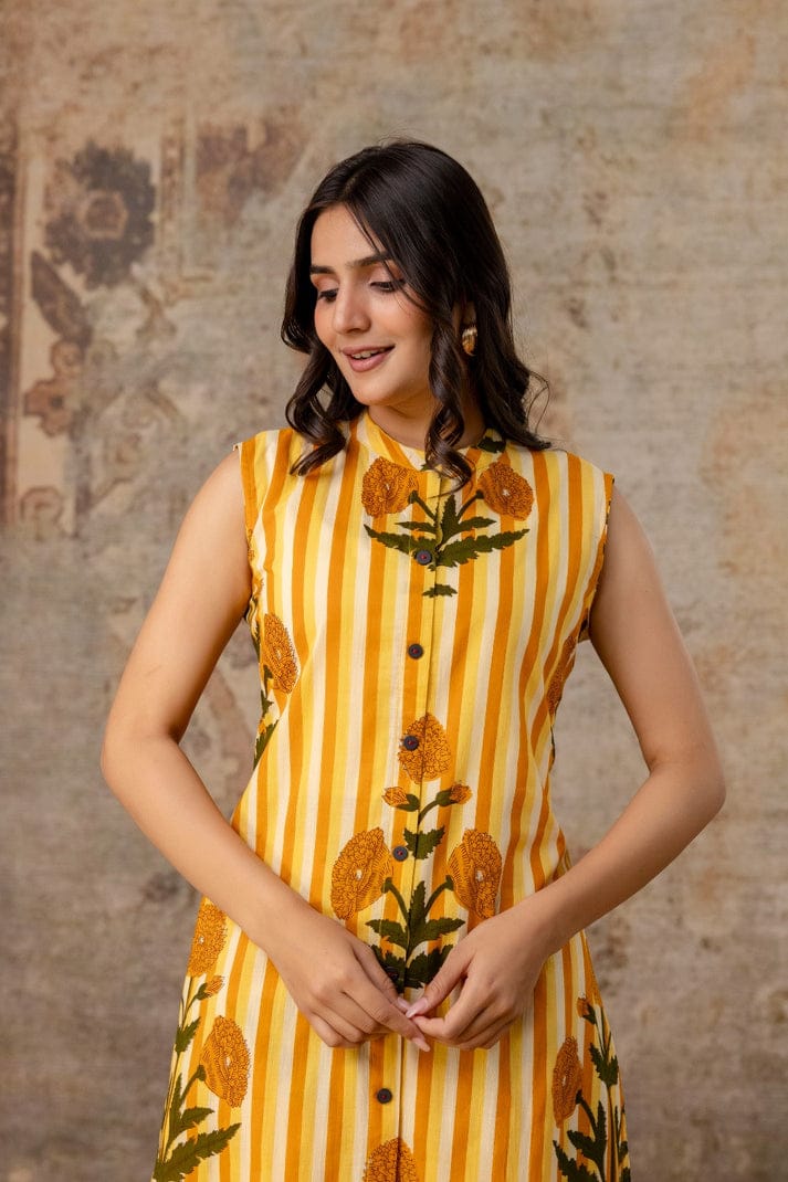 LA ROSE HAND BLOCK COTTON A-LINE SLEEVE LESS KUTA PANT SET