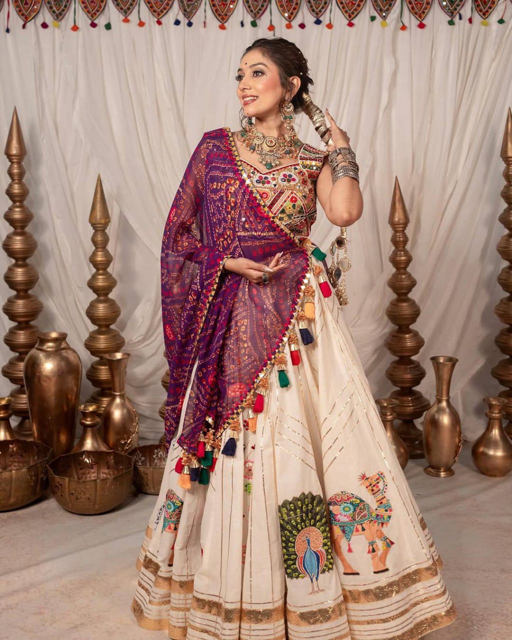 PEACH COLOR NAVRATRI TRENDY HIT PRINTED MIRROR WORK CHANIYA CHOLI