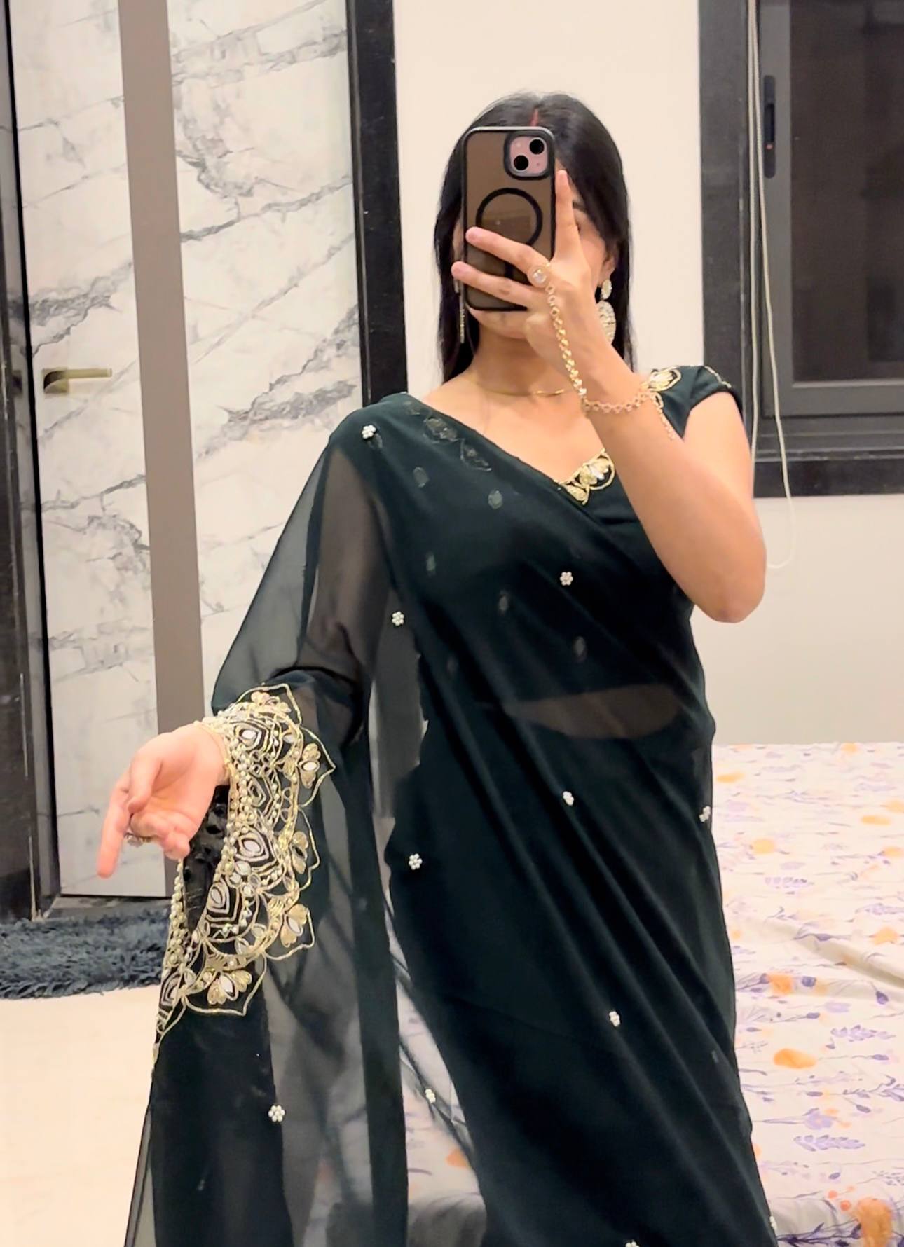GEORGETTE READY TO WEAR SAREE WITH EMBROIDERY, REAL MIRROR & PEARLS WORK