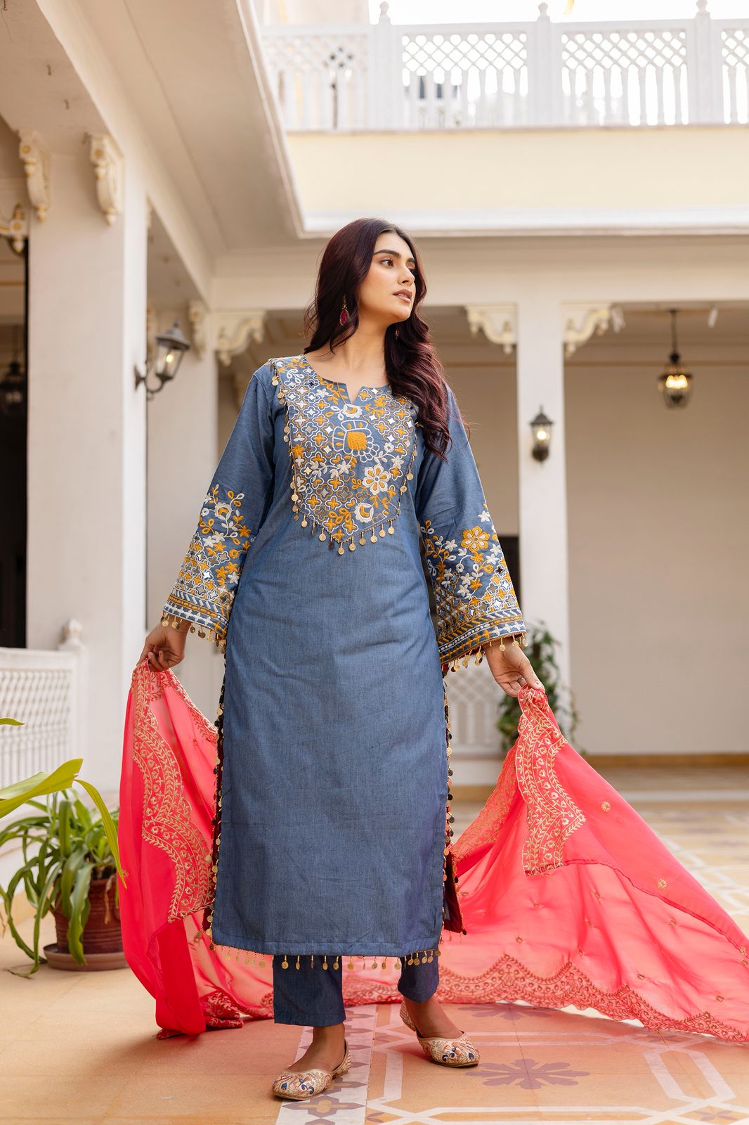 BLUE DENIM KURTA SET WITH HEAVY EMBROIDERY WORK