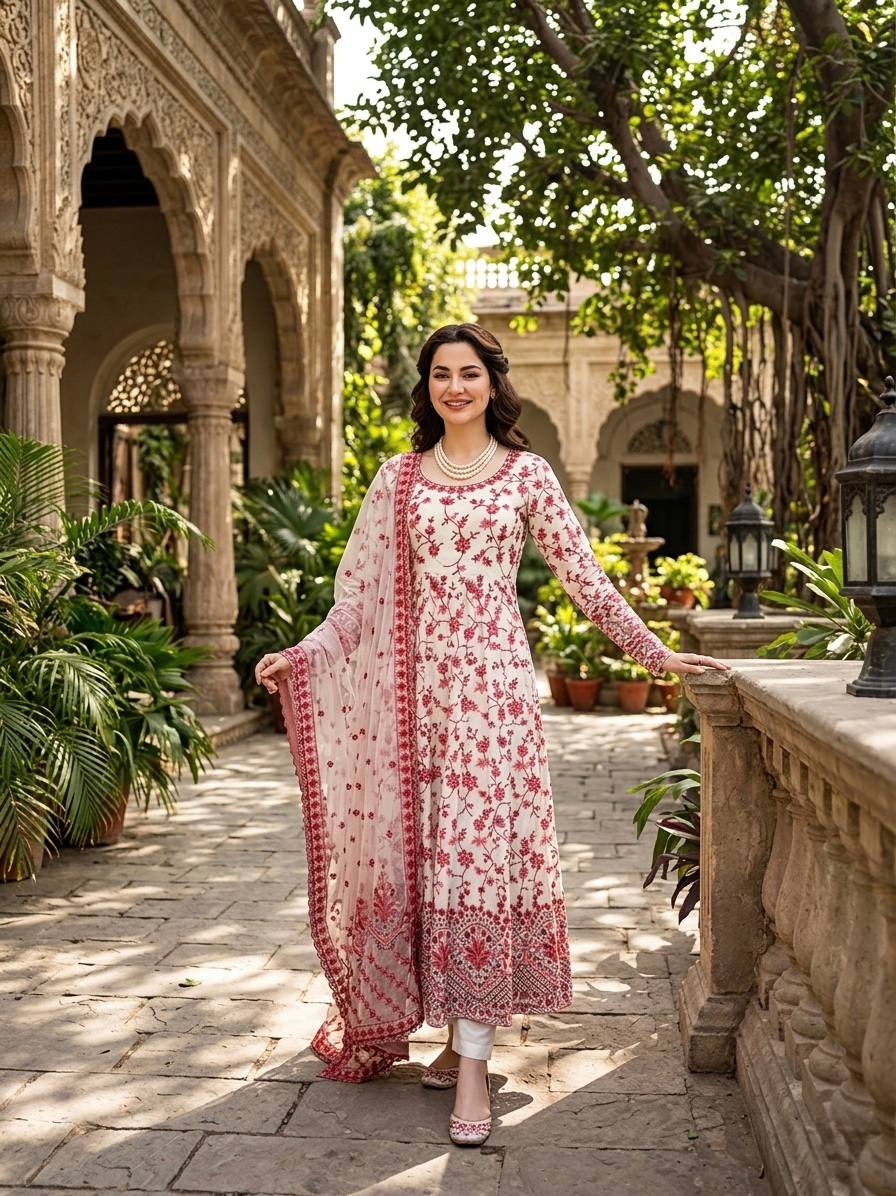 HANIA - LUXURY LAWN WHITE ORGANZA SILK ANARKALI GOWN