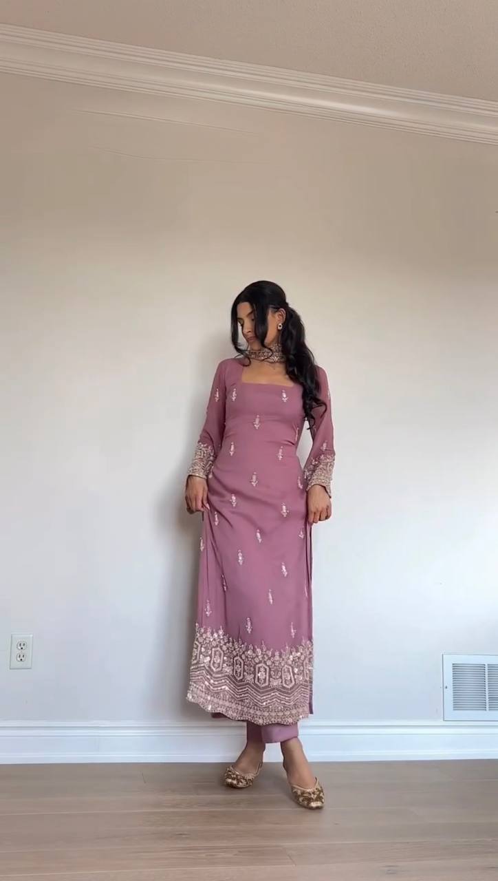 FAUX GEORGETTE EMBROIDERY SUIT SET WITH MOTI WORK CUTWORK DUPATTA