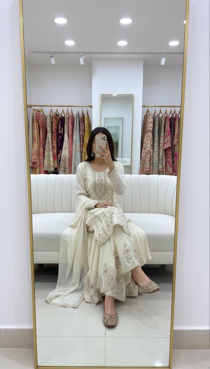 EMBROIDERED CHINON SILK SHARARA SUIT SET