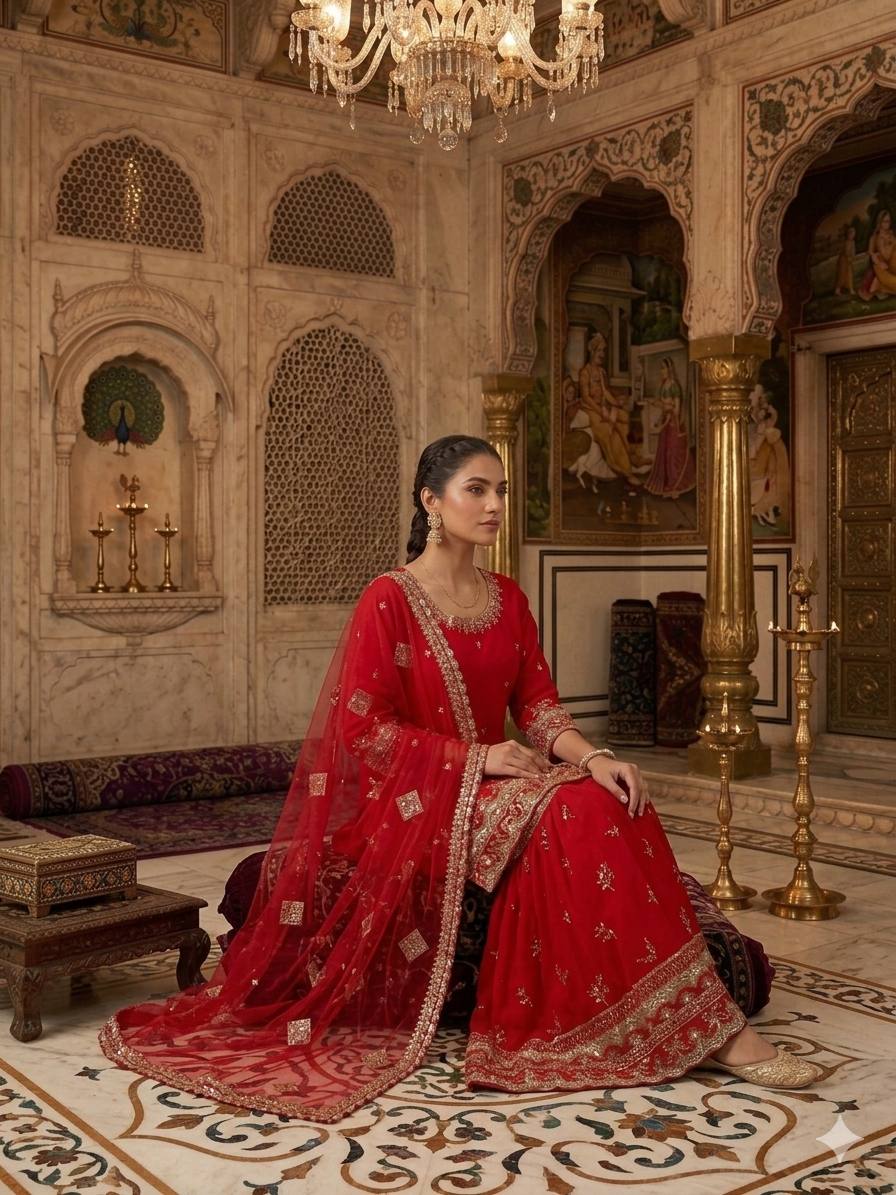 RED - SHARARA KURTA SET WITH DUPATTA