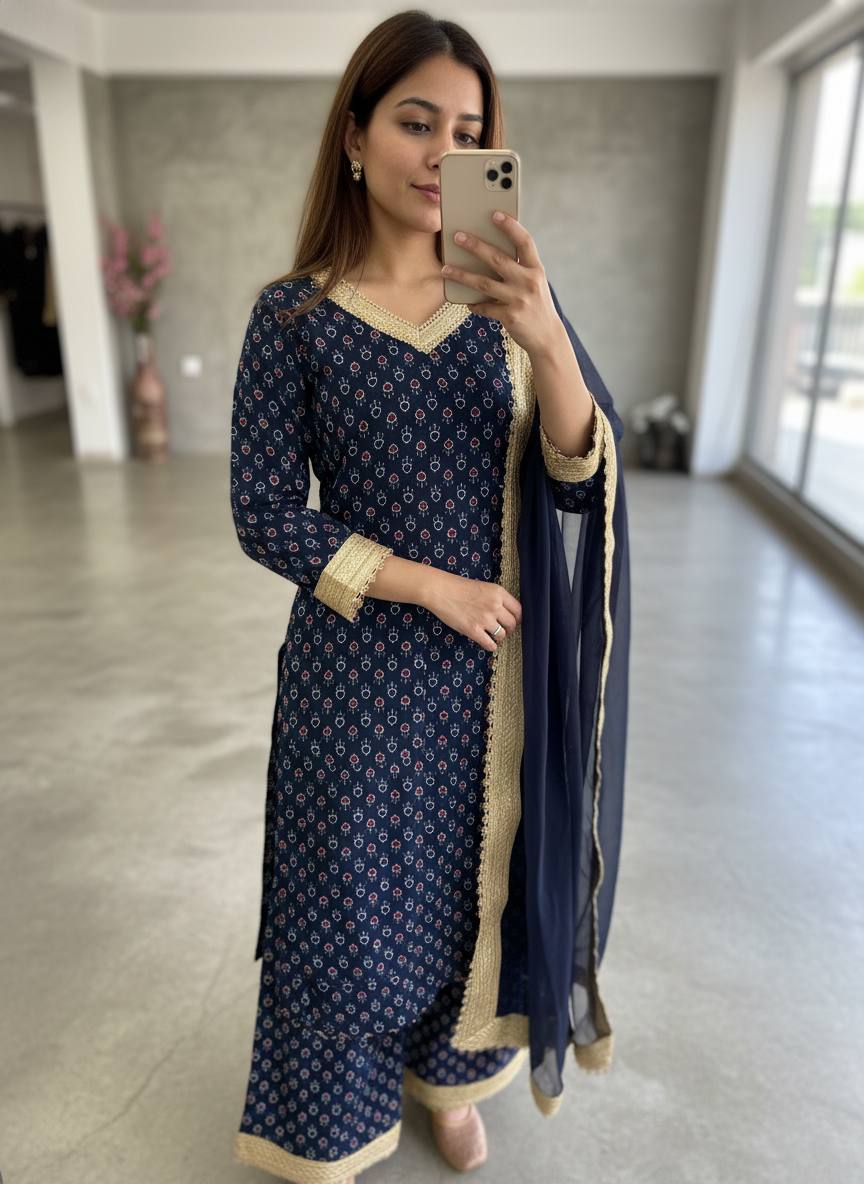 BLUE V-NECK GEORGETTE DIGITAL PRINT KURTI PLAZZO SET
