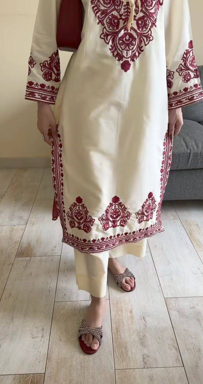 CREAM AND MAROON ROMAN SILK SALWAR SUIT SET