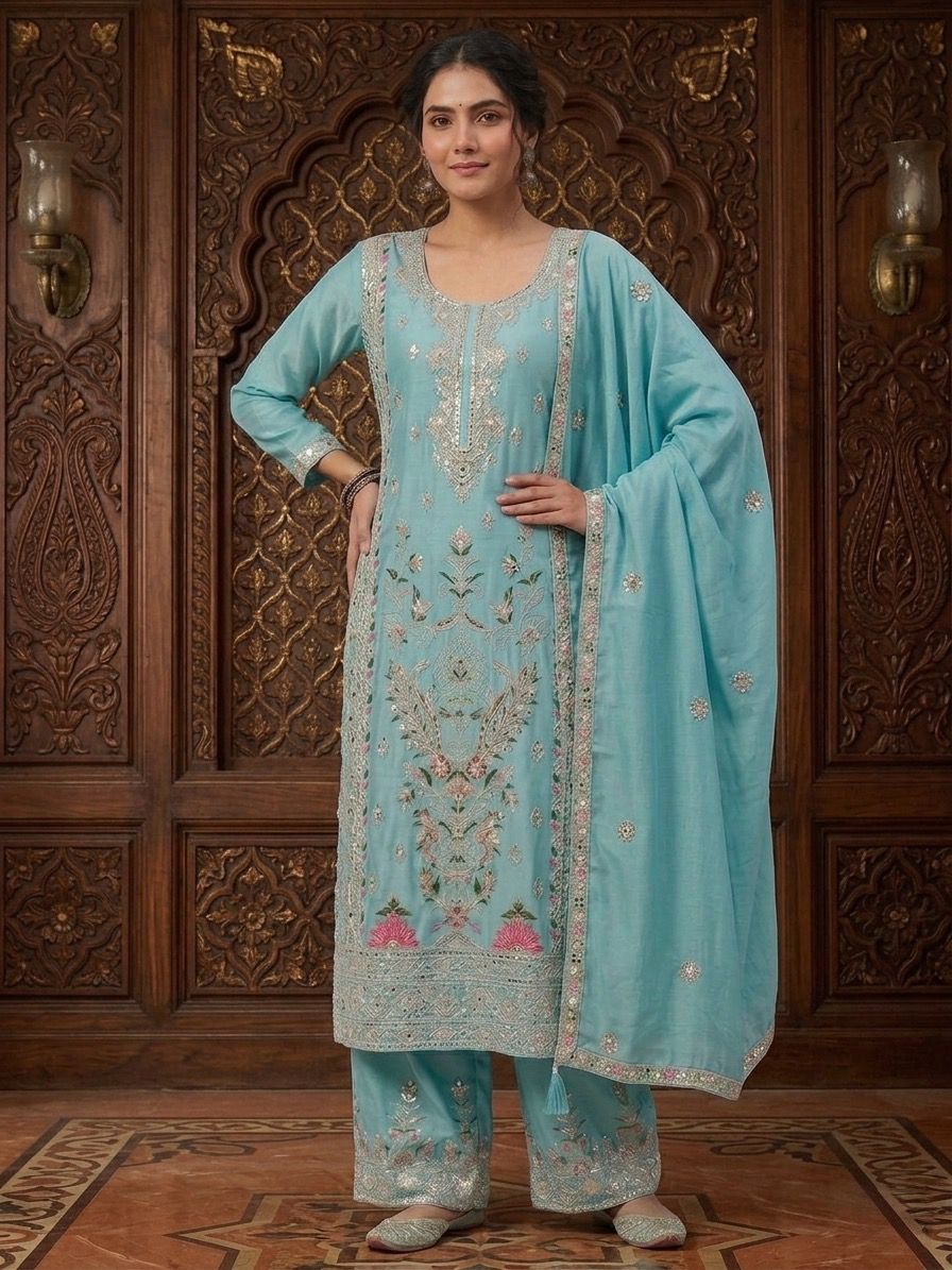 CHINON SILK KURTI PLAZZO SET WITH DUPATTA