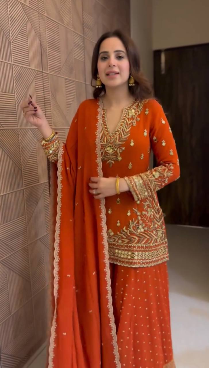 RUST ORANGE SHARARA SUIT SET WITH GOLD EMBROIDERY