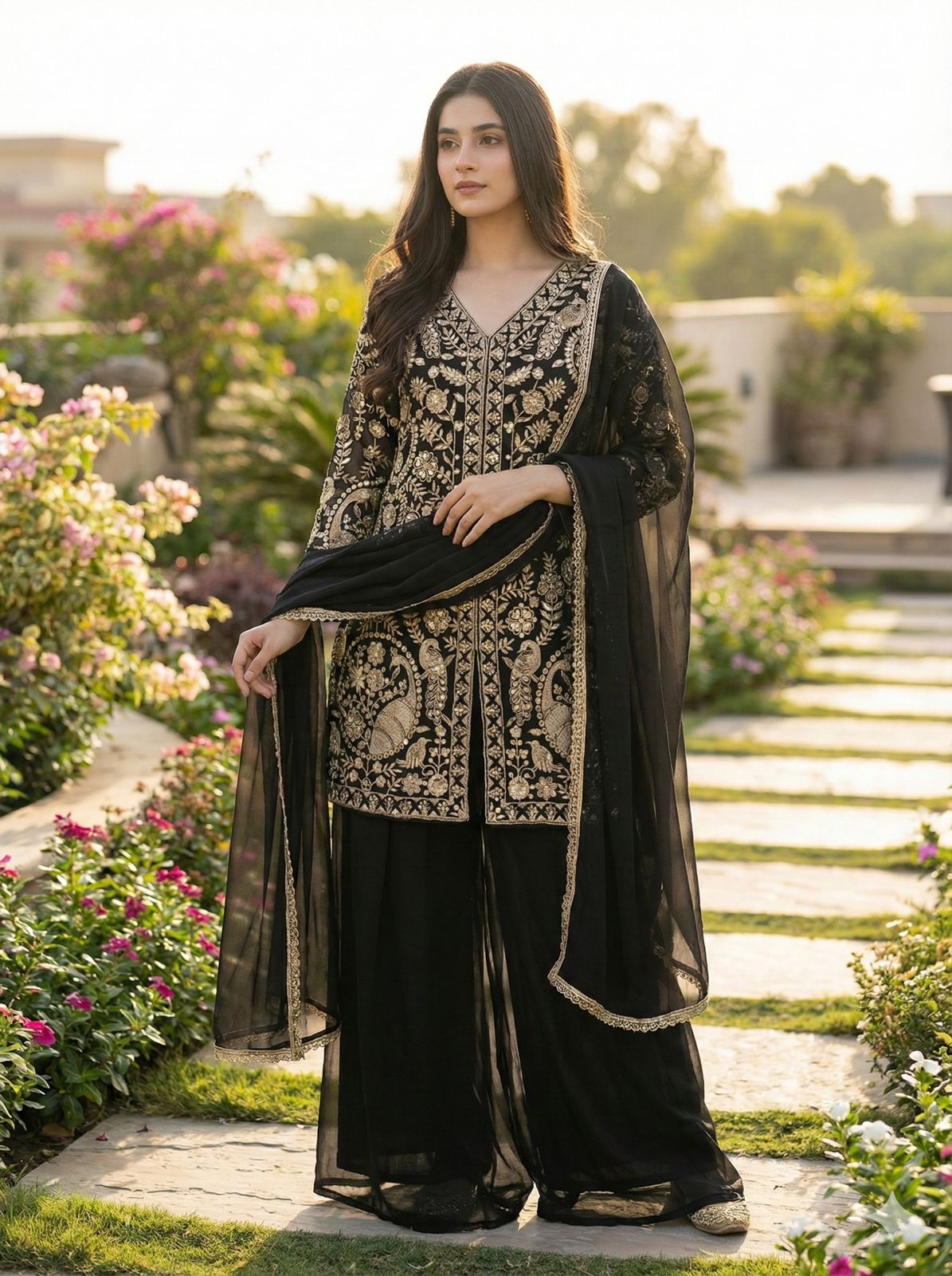 FAUX GEORGETTE PLAZZO KURTA SET WITH DUPATTA