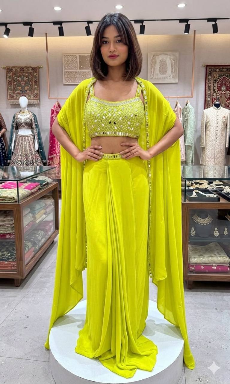 LIME GREEN MIRROR WORK FRENCH CREPE INDO WESTERN SKIRT SET WITH SHRUG