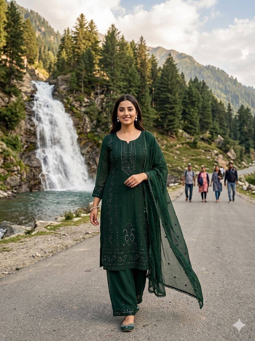 DARK GREEN EMBROIDERED GEORGETTE SALWAR SUIT SET