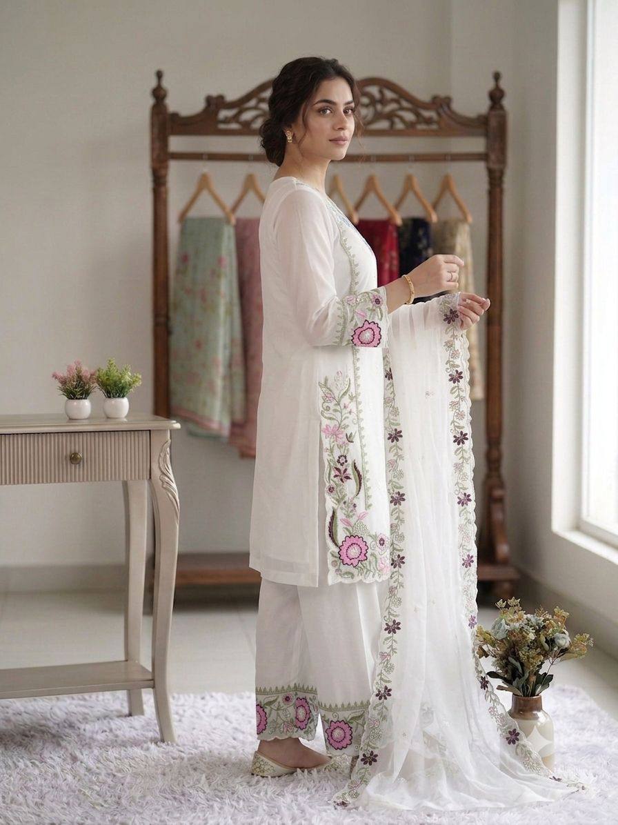 WHITE SUIT SET WITH BLUE & PINK FLORAL EMBROIDERY WORK