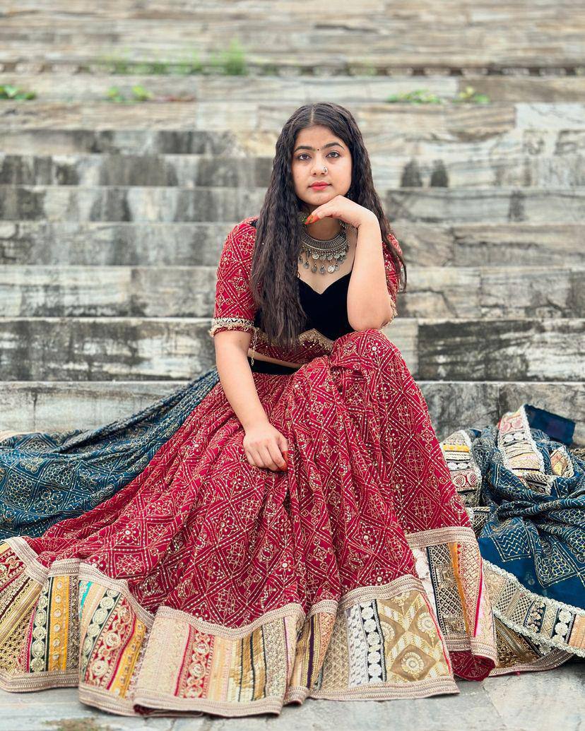 MAROON & BLUE CHANIYA CHOLI WITH MIRROR WORK DUPATTA FOR NAVRATRI