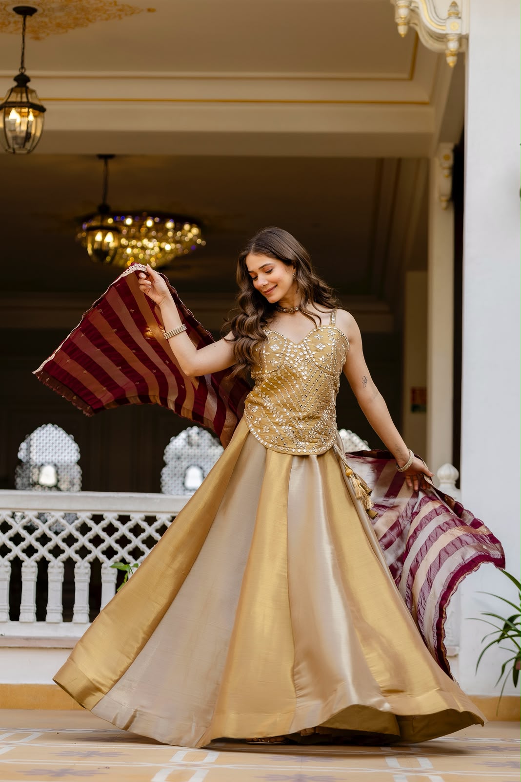 DESIGNER GOLDEN REAL MIRROR WORK CO-ORD SET LEHENGA