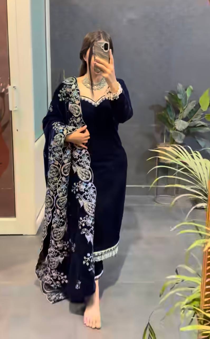 NAVY BLUE VISCOSE VELVET DESIGNER TOP–DUPATTA SET