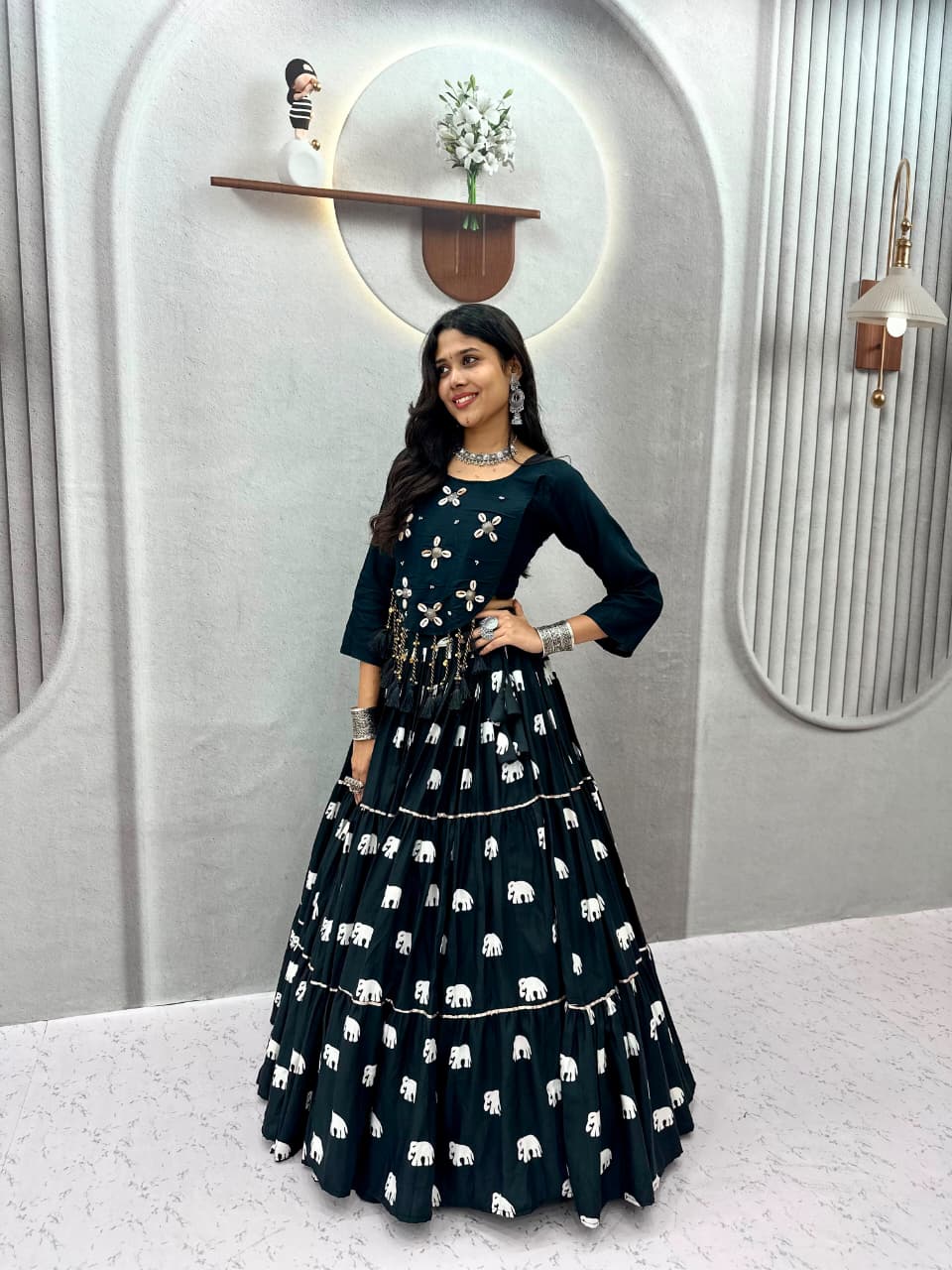 STYLISH BLACK PURE COTTON COWRIE WORK LEHENGA CHOLI SET