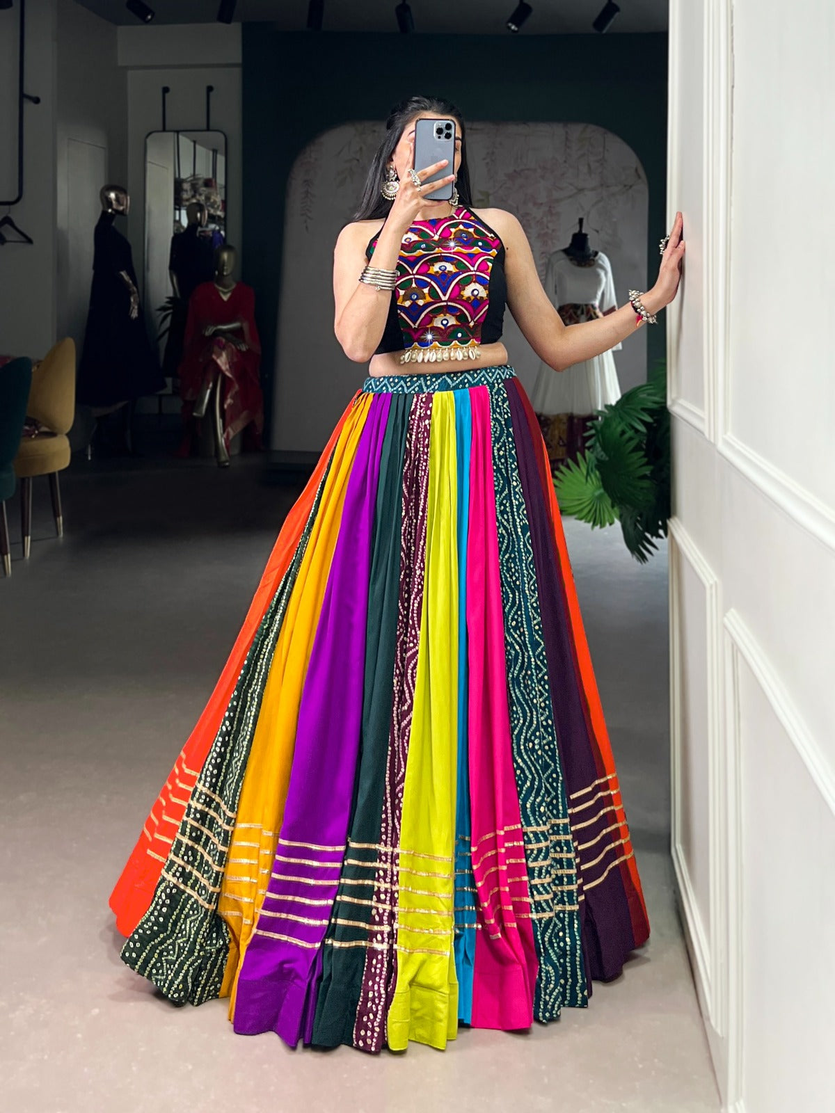 RAINBOW RASIYA NAVRATRI LEHENGA CHOLI WITH BLACK HALTER NECK BLOUSE