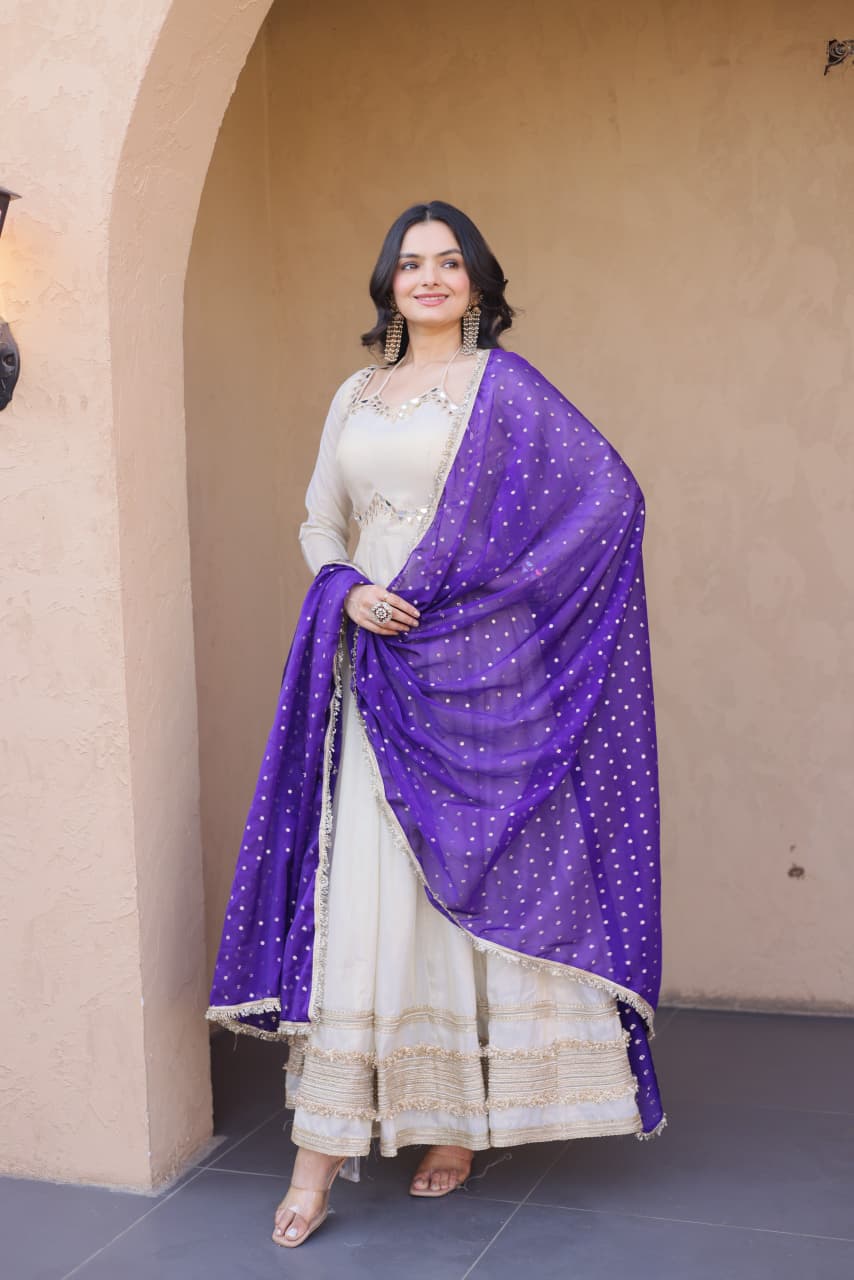 OFF - WHITE COSMOS MIRROR WORK ANARKALI SUIT WITH DUPATTA