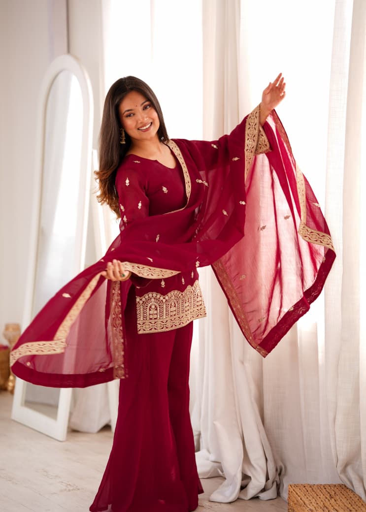 MAROON CRUNCHY SILK EMBROIDERED PLAZZO SUIT SET
