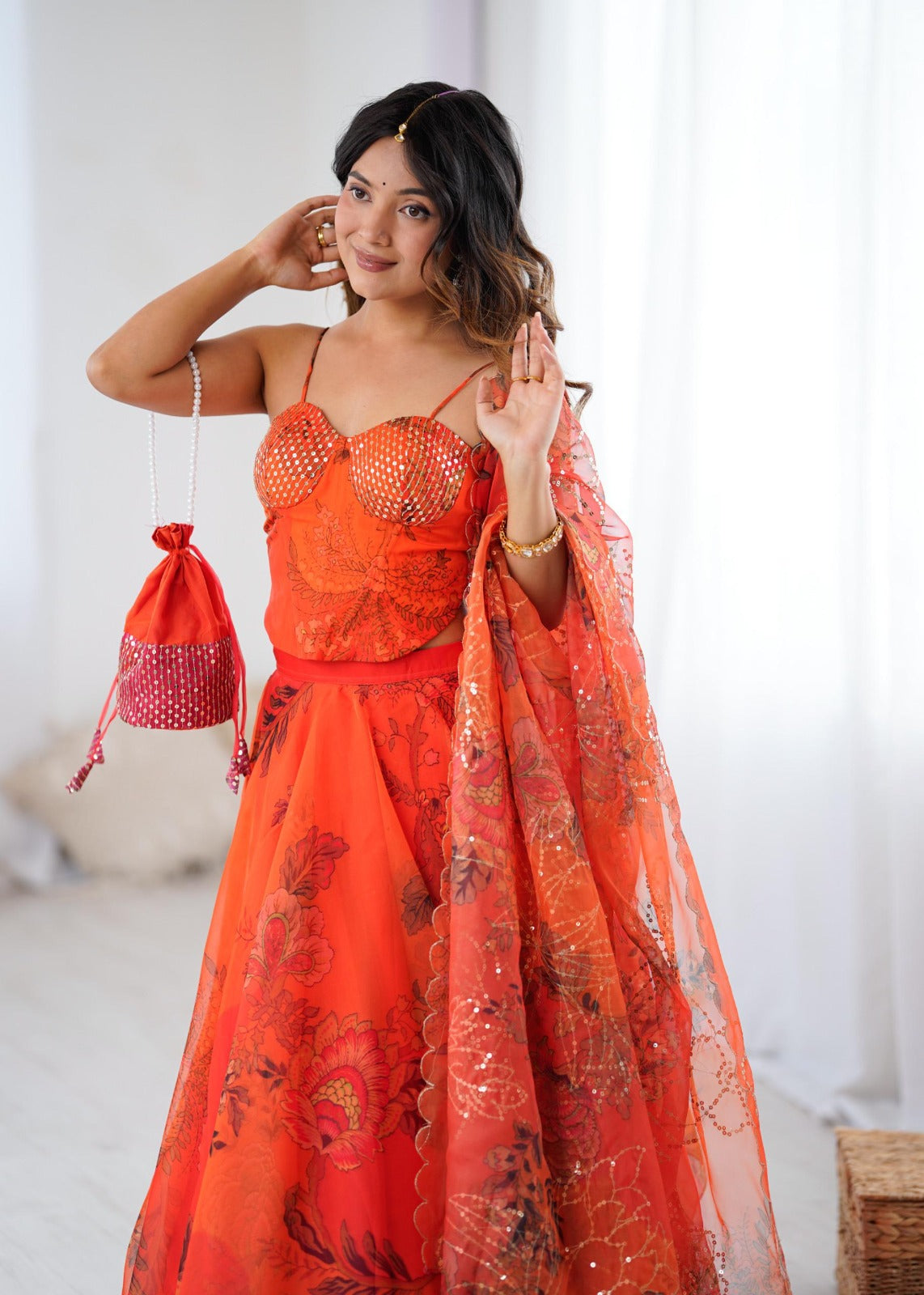 ORANGE DESIGNER ORGANZA LEHENGA SET WITH CO-ORD SET BLOUSE , DUPATTA & BATWA
