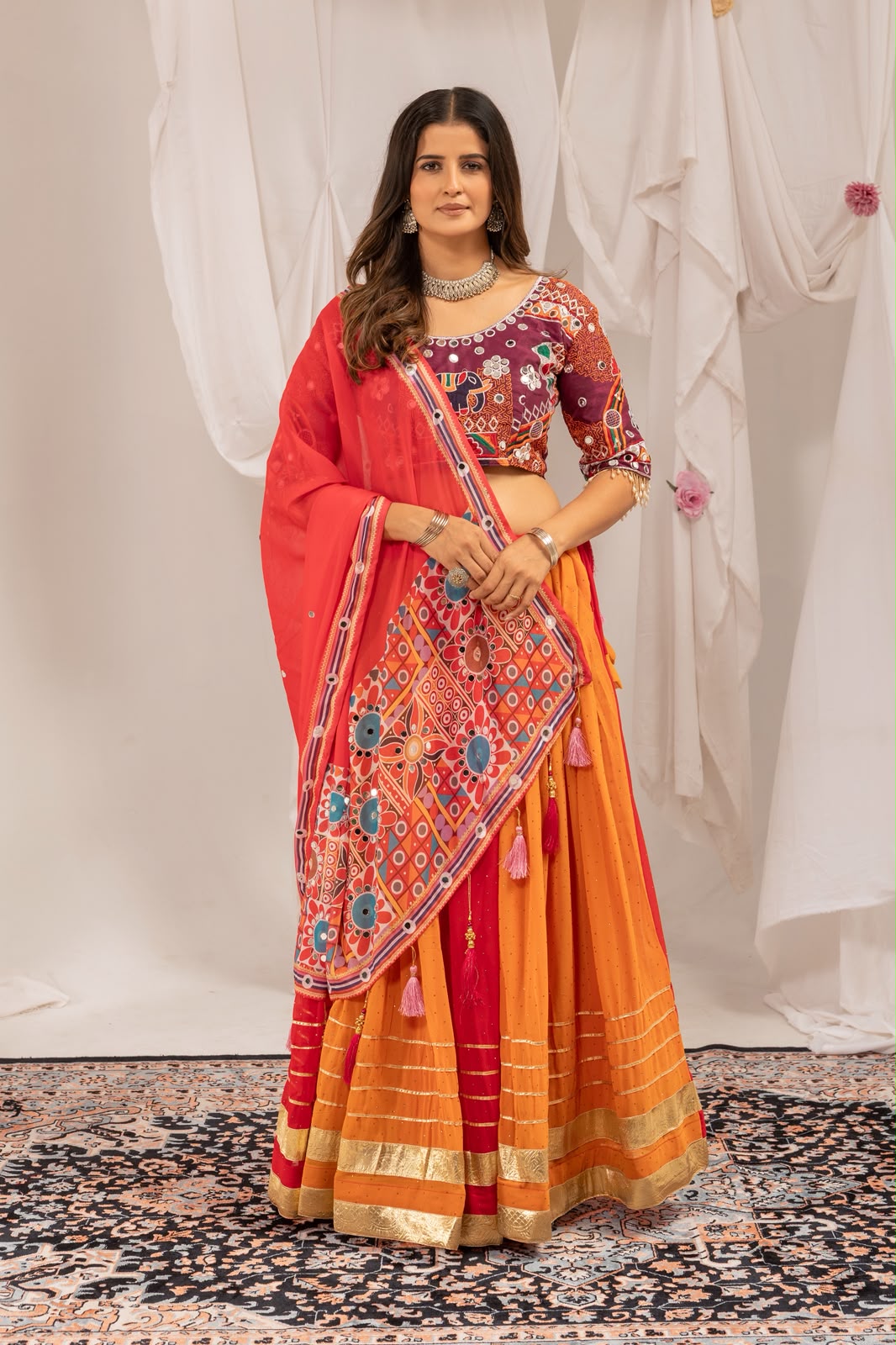 RED EMBROIDERY MIRROR WORK GEORGETTE NAVRATRI LEHENGA CHOLI