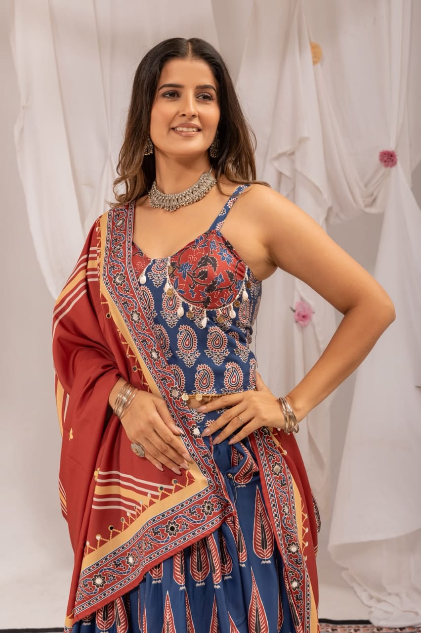 NAVY BLUE DIGITAL AJRAKH PRINT NAVRATRI LEHENGA