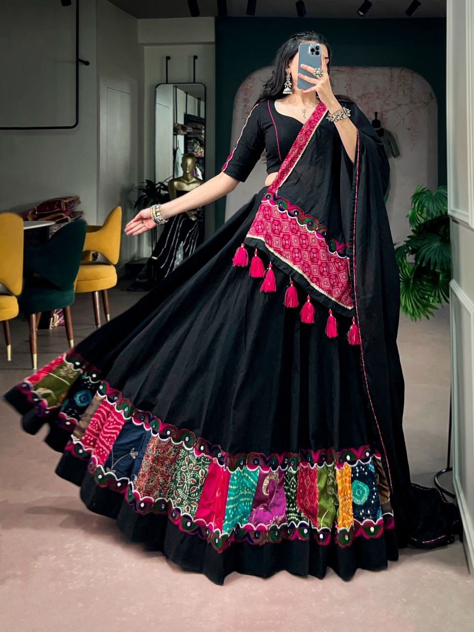 BLACK KHADI COTTON NAVRATRI LEHENGA CHOLI