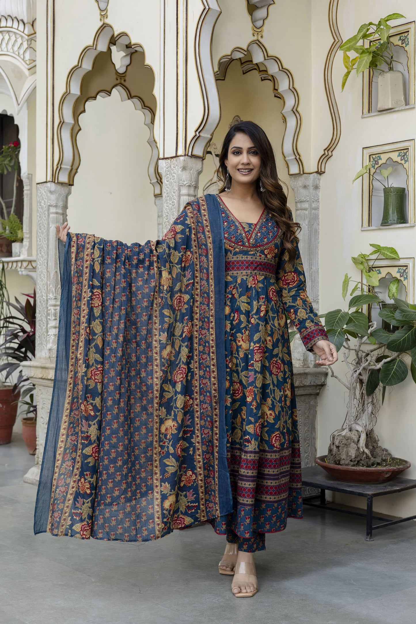 BLUISH FLORISH DRESS IN COTTON - SET OF 3 - BLUE