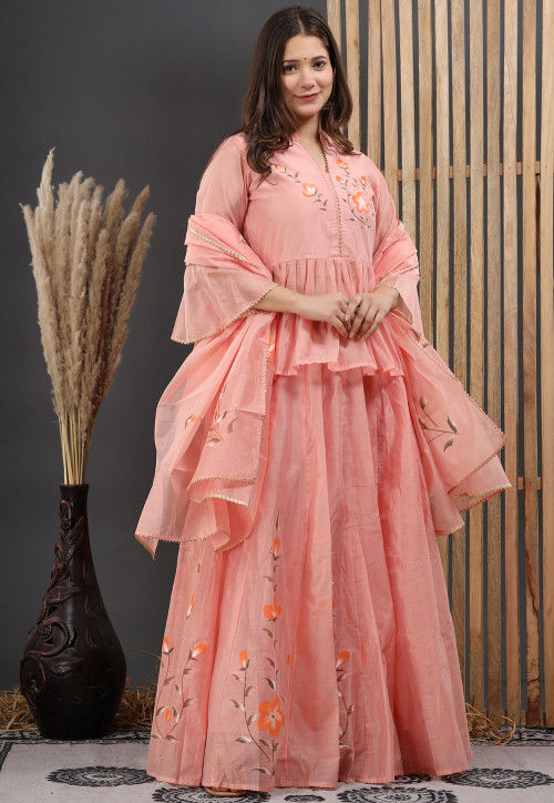 In.CottoM - INDIAN FLARED HAND PAINTED CHANDERI LEHENGA KURTI DUPATTA SET