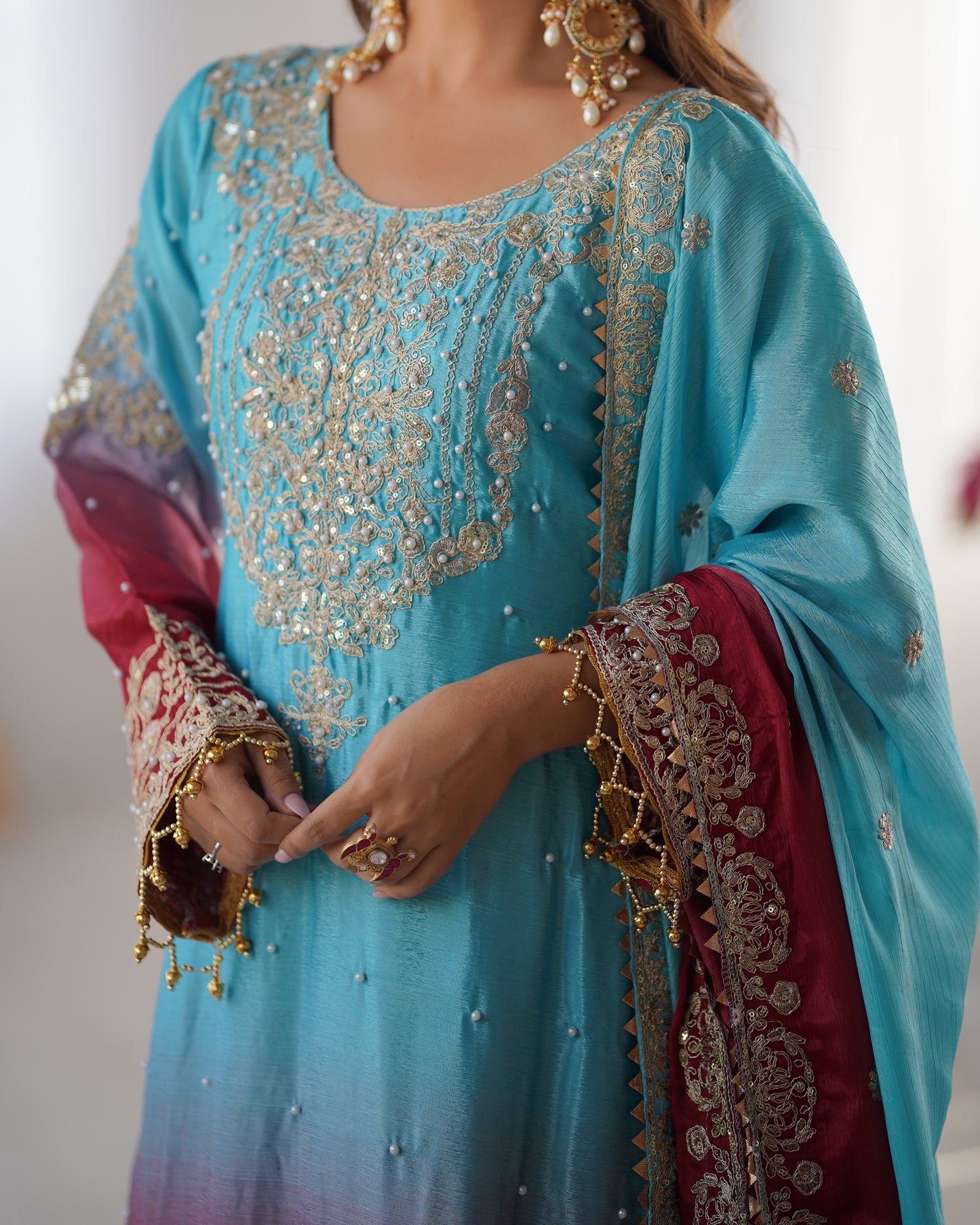 SKYISH BLUE ELEGANT SHARARA WITH RIVER MOTI WORK - SET OF 3