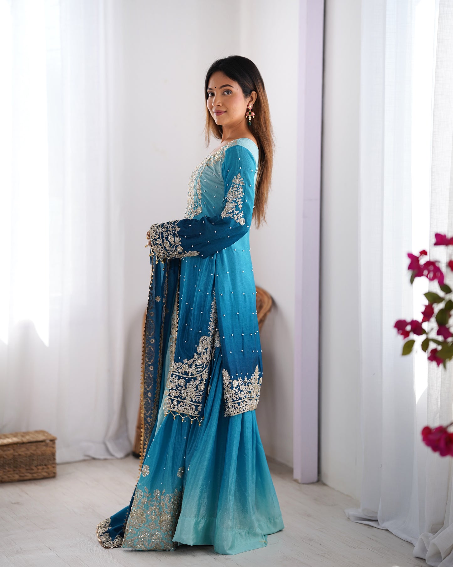 RIVER BLUE ELEGANT SHARARA WITH RIVER MOTI WORK - SET OF 3
