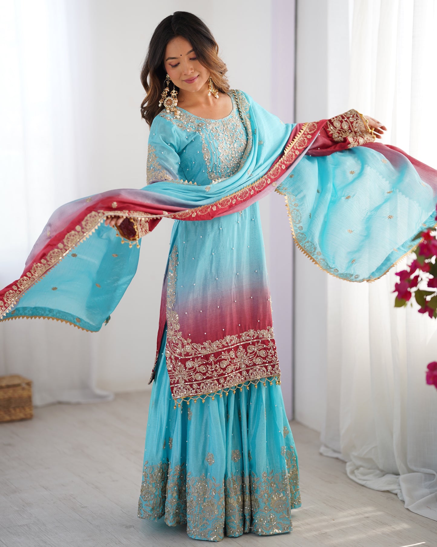 SKYISH BLUE ELEGANT SHARARA WITH RIVER MOTI WORK - SET OF 3
