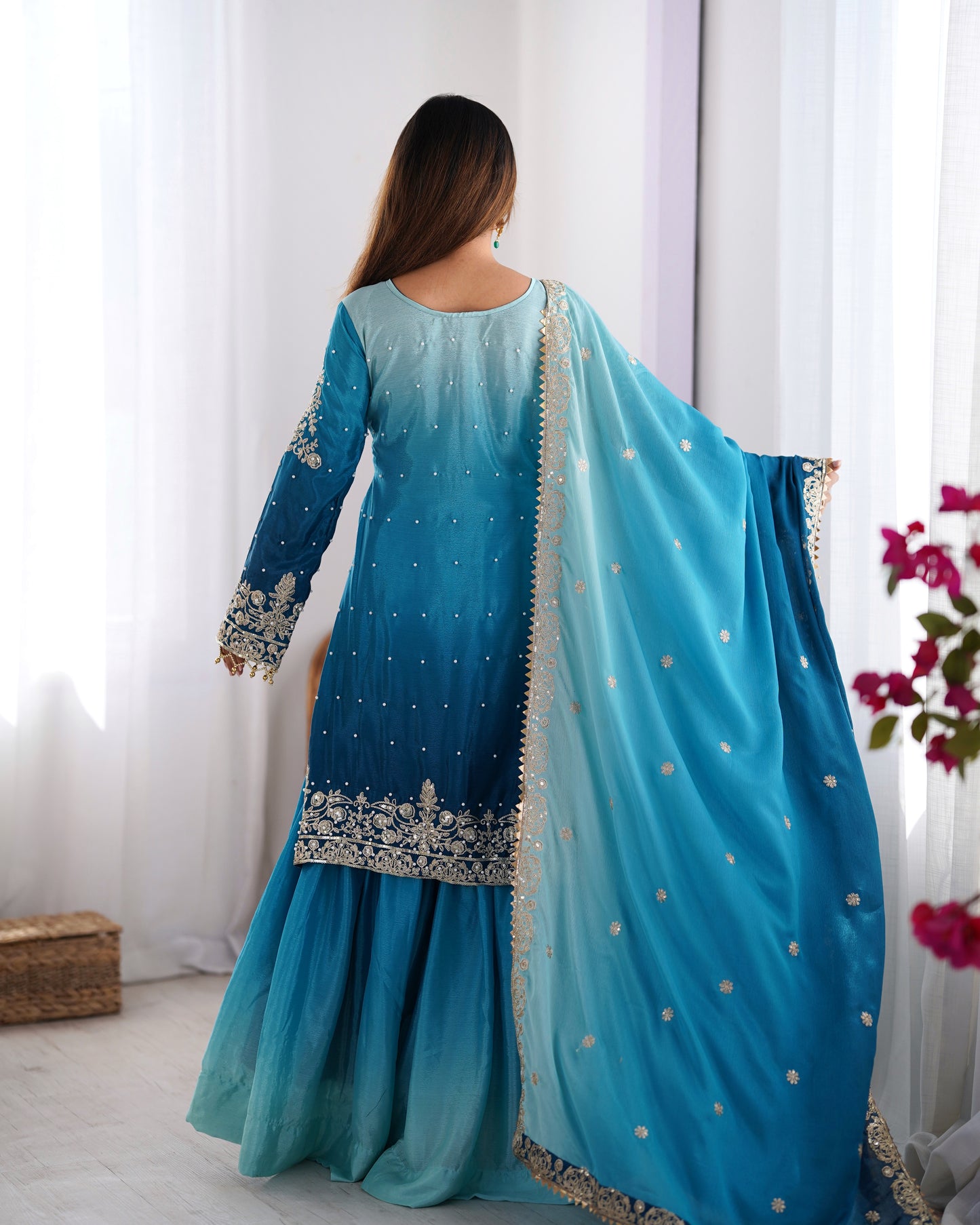 RIVER BLUE ELEGANT SHARARA WITH RIVER MOTI WORK - SET OF 3