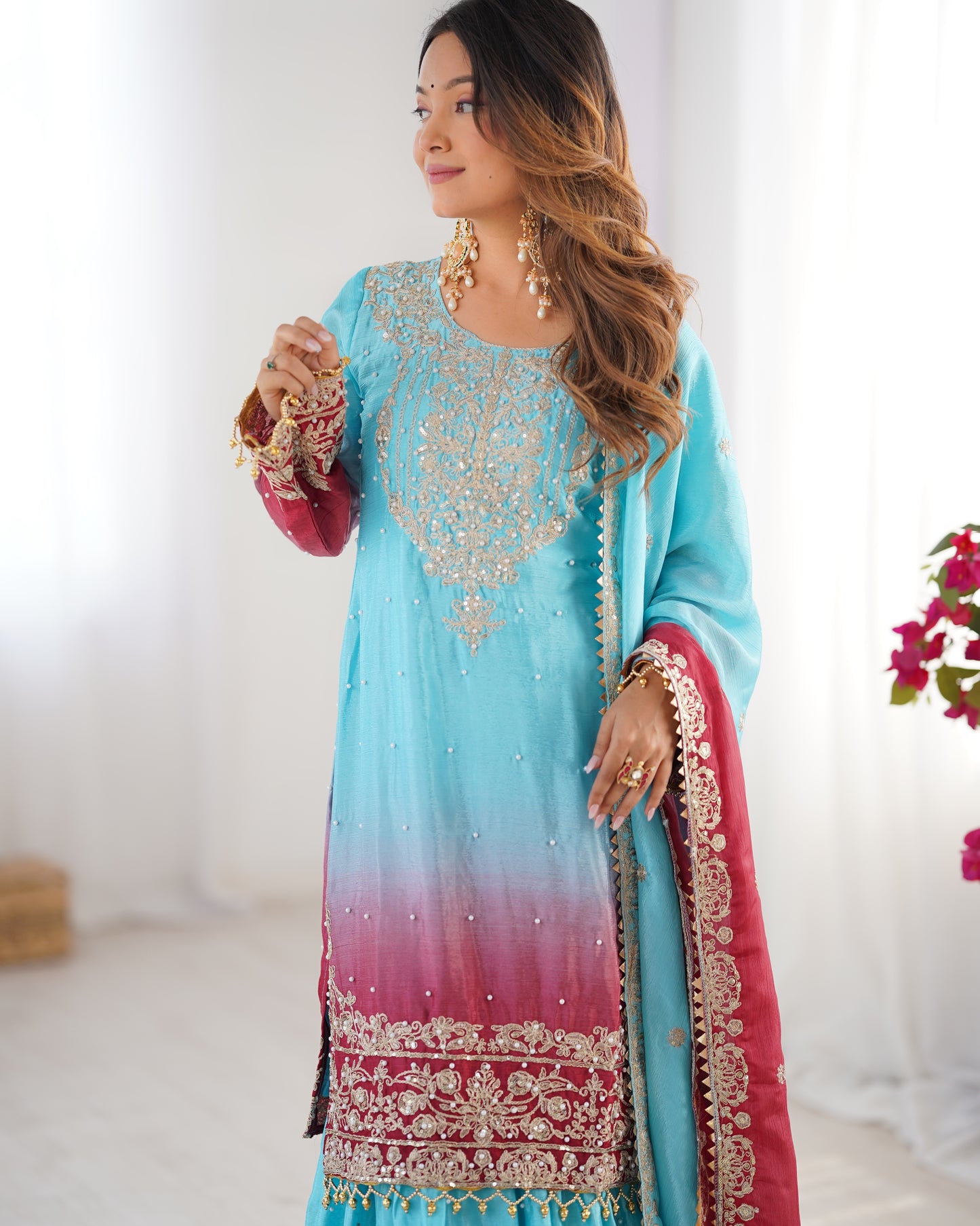 SKYISH BLUE ELEGANT SHARARA WITH RIVER MOTI WORK - SET OF 3