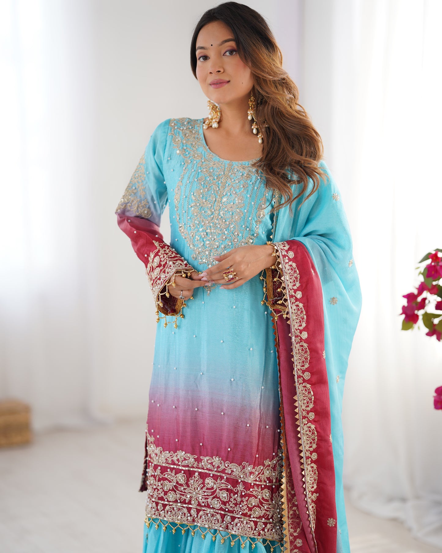SKYISH BLUE ELEGANT SHARARA WITH RIVER MOTI WORK - SET OF 3