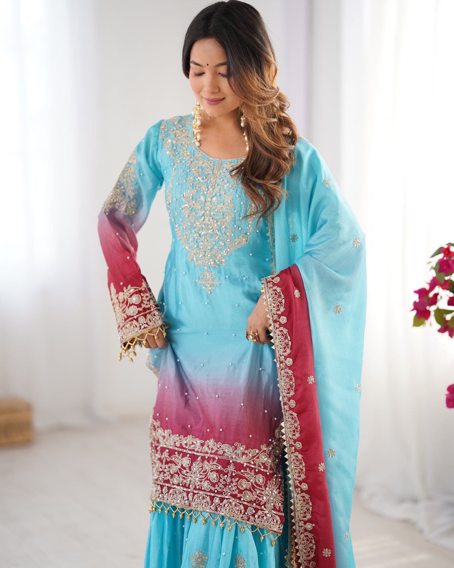 SKYISH BLUE ELEGANT SHARARA WITH RIVER MOTI WORK - SET OF 3