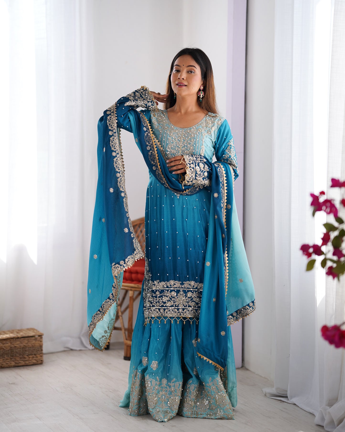 RIVER BLUE ELEGANT SHARARA WITH RIVER MOTI WORK - SET OF 3