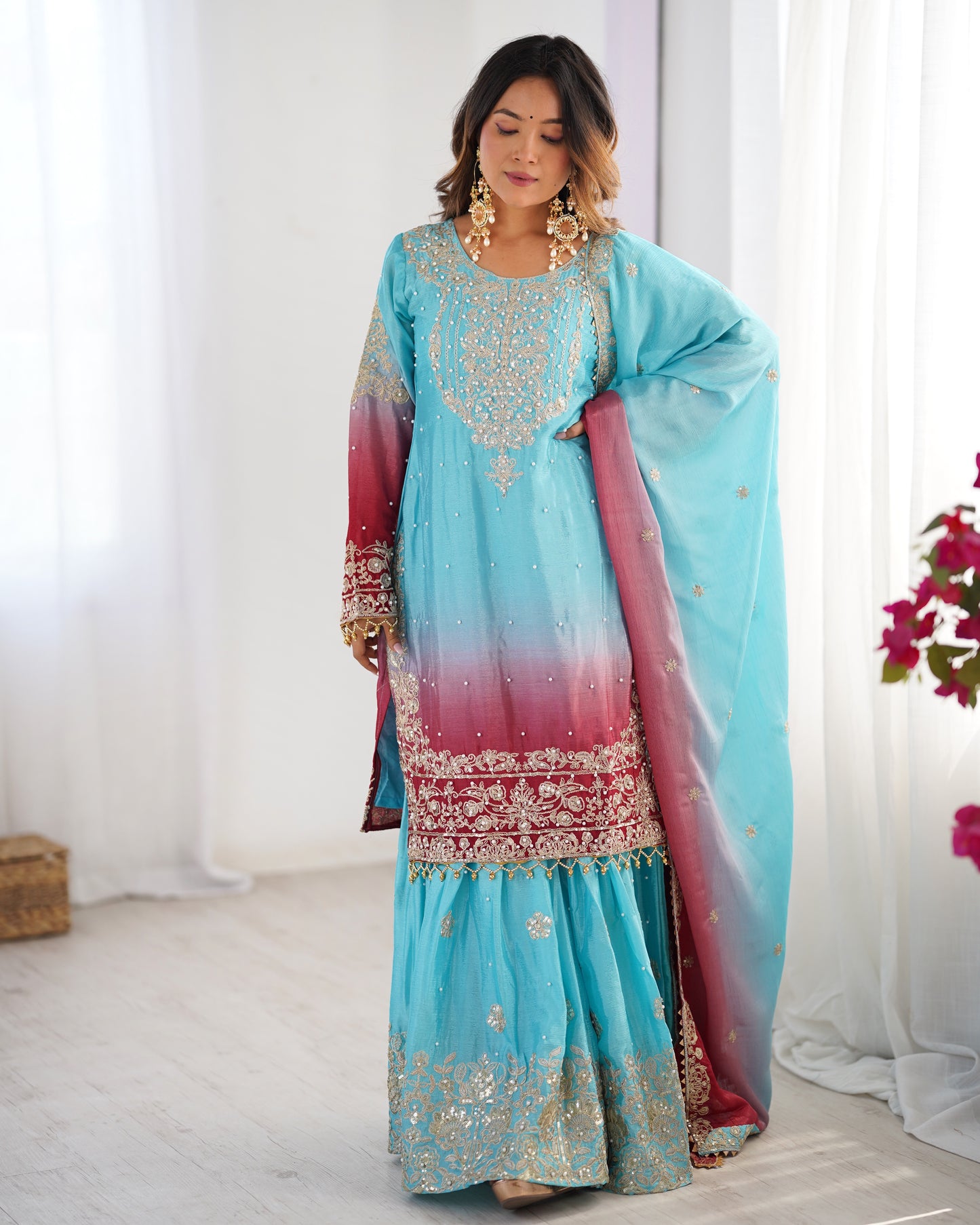 SKYISH BLUE ELEGANT SHARARA WITH RIVER MOTI WORK - SET OF 3