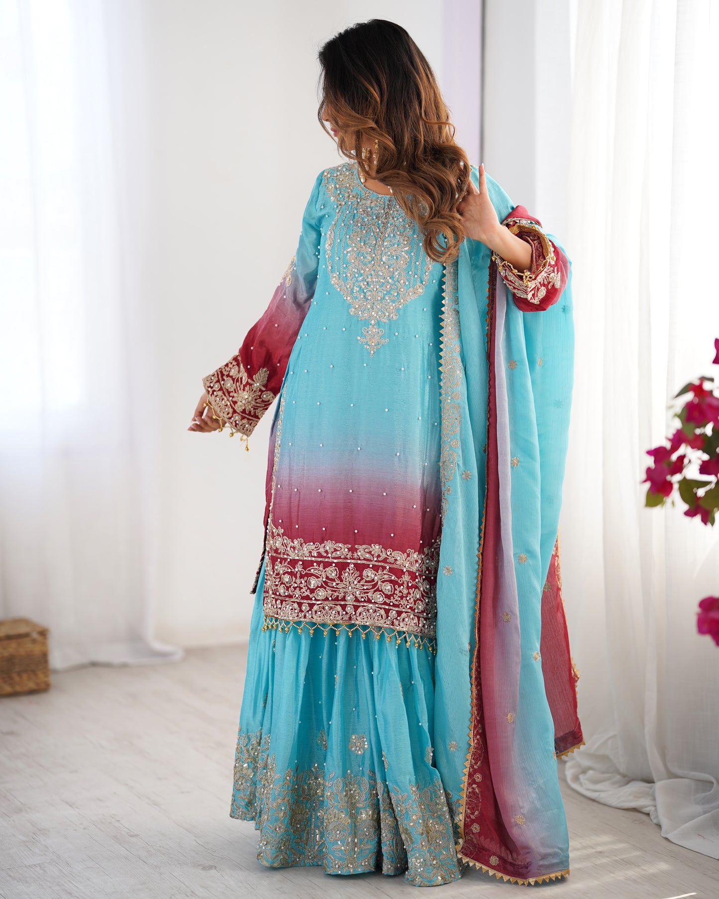 SKYISH BLUE ELEGANT SHARARA WITH RIVER MOTI WORK - SET OF 3