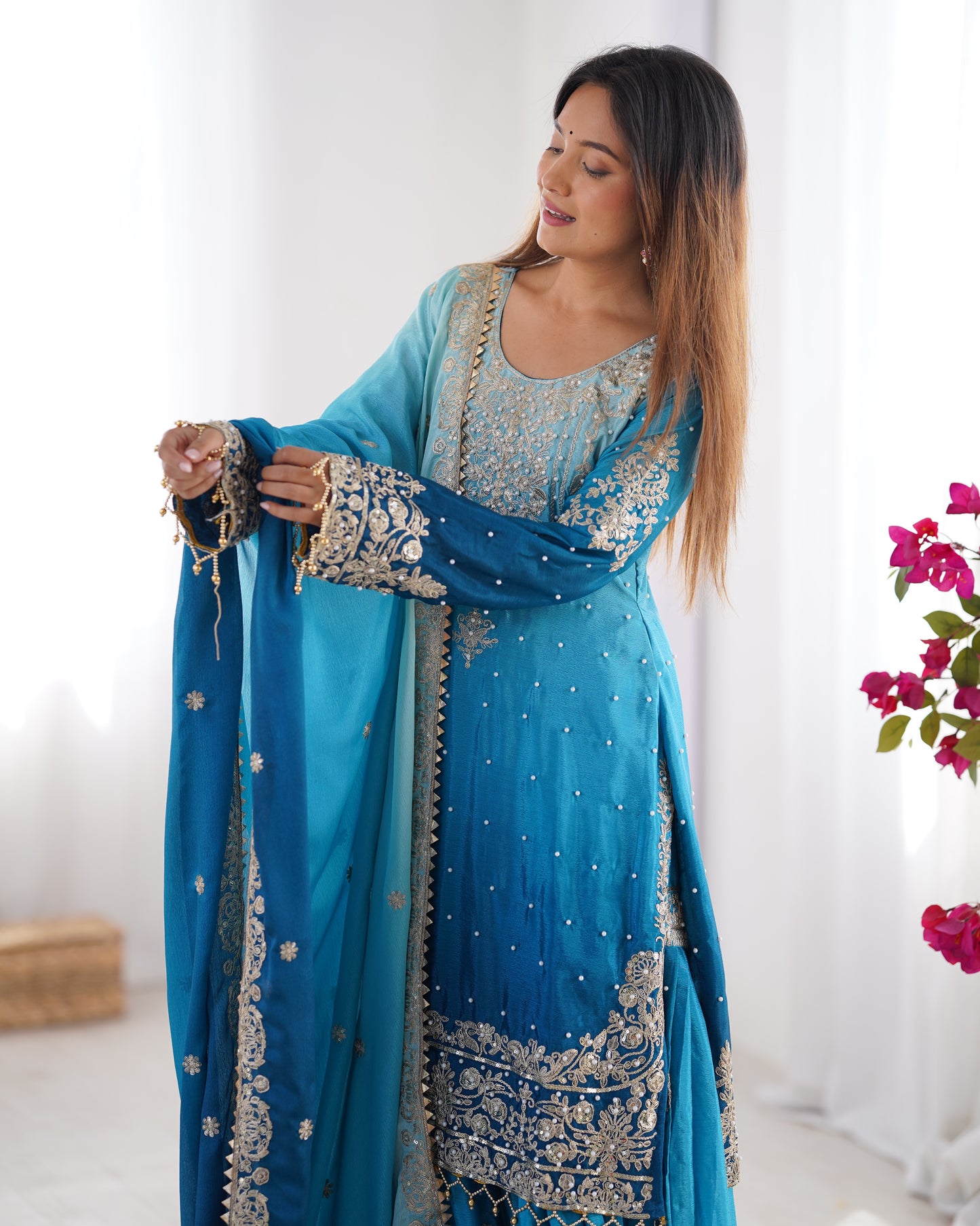 RIVER BLUE ELEGANT SHARARA WITH RIVER MOTI WORK - SET OF 3