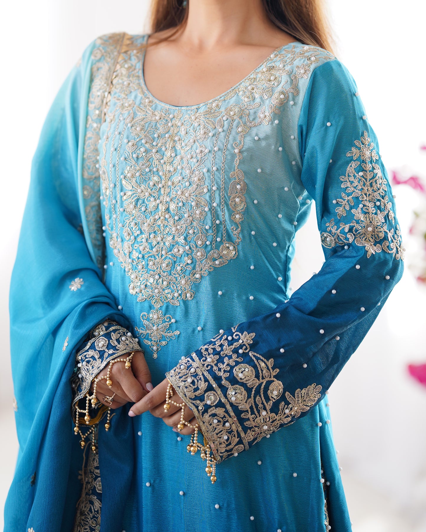 RIVER BLUE ELEGANT SHARARA WITH RIVER MOTI WORK - SET OF 3