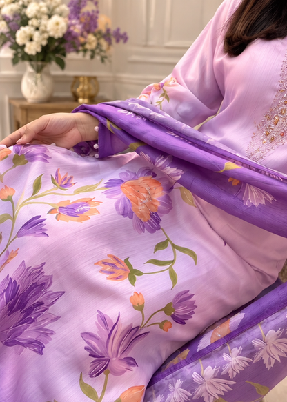 LAVENDER - FLOWY SILK FLORAL PRINT KURTA SET