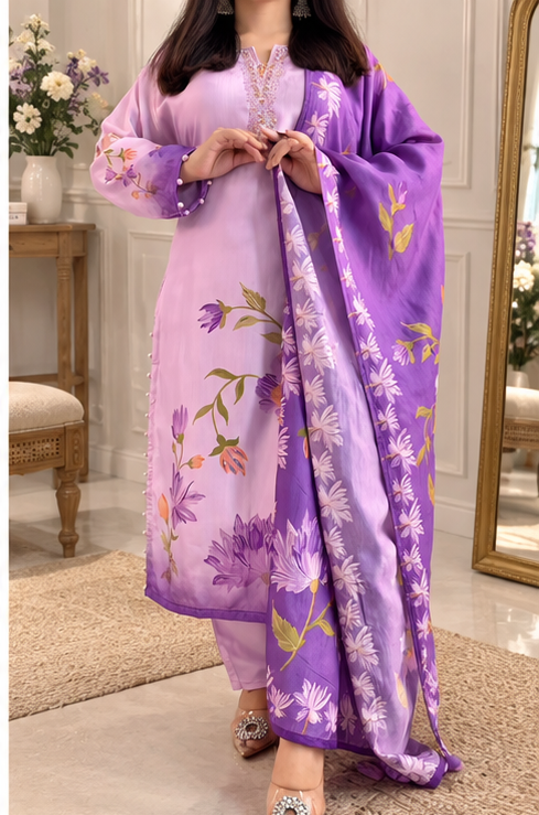LAVENDER - FLOWY SILK FLORAL PRINT KURTA SET