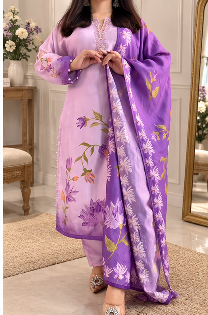 LAVENDER - FLOWY SILK FLORAL PRINT KURTA SET