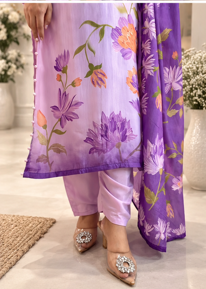 LAVENDER - FLOWY SILK FLORAL PRINT KURTA SET