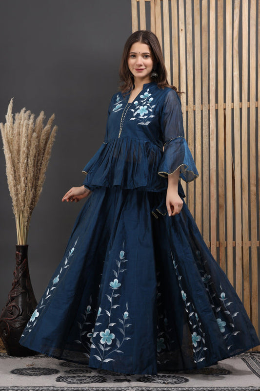 In.CottoM - INDIAN FLARED HAND PAINTED CHANDERI LEHENGA KURTI DUPATTA SET