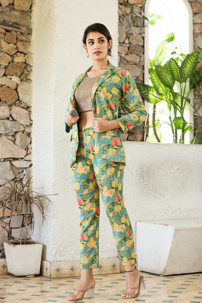 SASSY GREEEN FLORAL THREE PIECE CO-ORD SET- SET OF 3