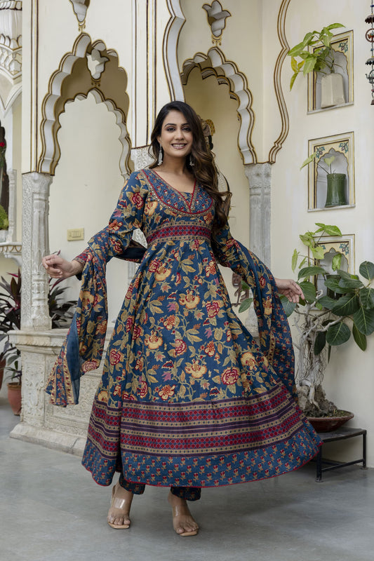 BLUISH FLORISH DRESS IN COTTON - SET OF 3 - BLUE